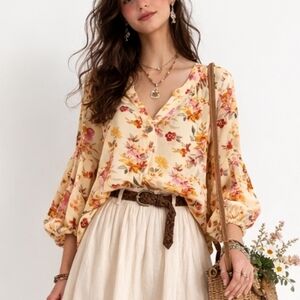 DENIM & CO. Size Medium Yellow Floral 100% Rayon Popover‎ Tunic Blouse